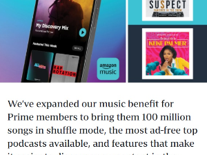 亚马逊将向Prime会员提供更多无广告音乐及播客服务